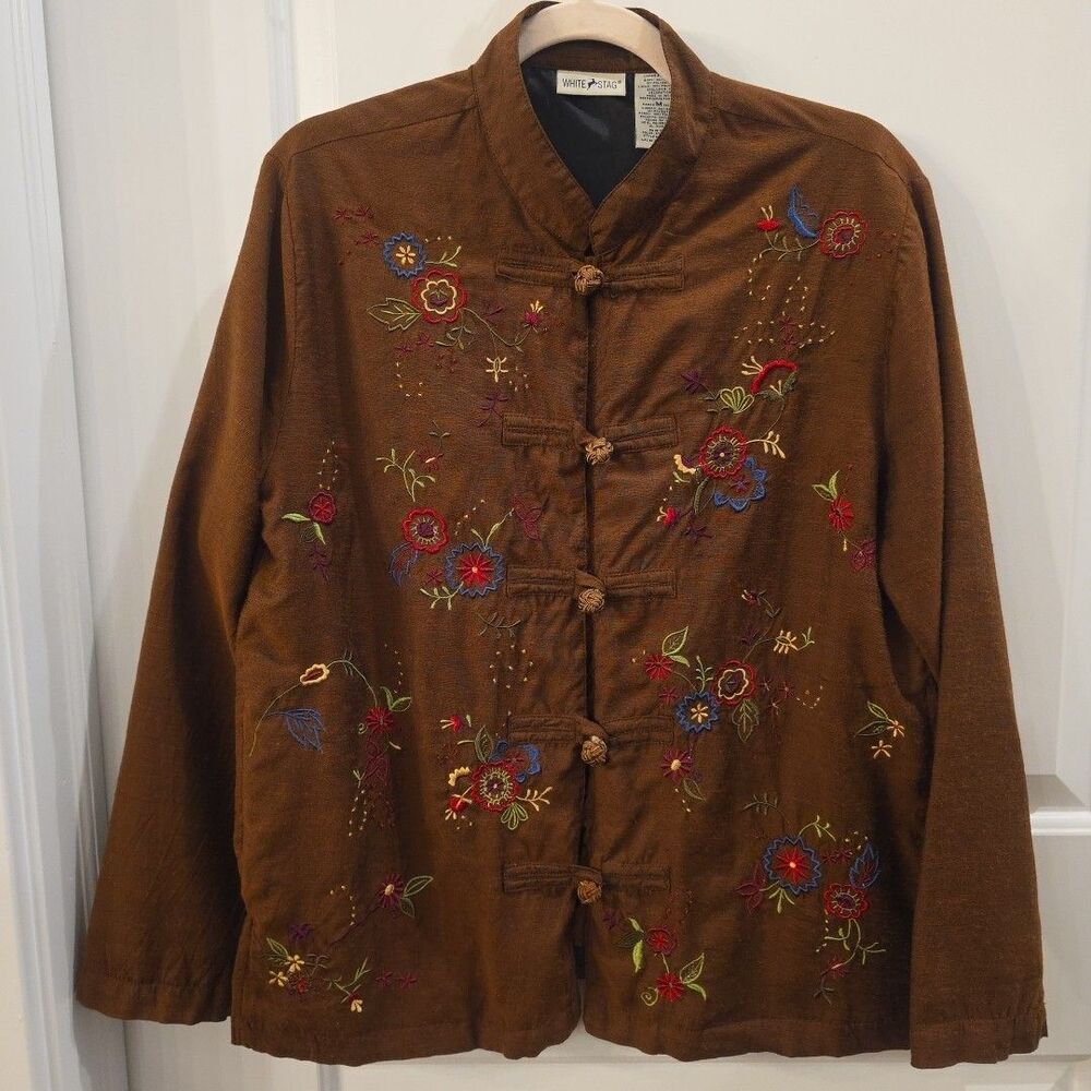 WHITE STAG Vintage Boho Brown Embroidered Jacket Sz M Asian Inspired Fall Jacket